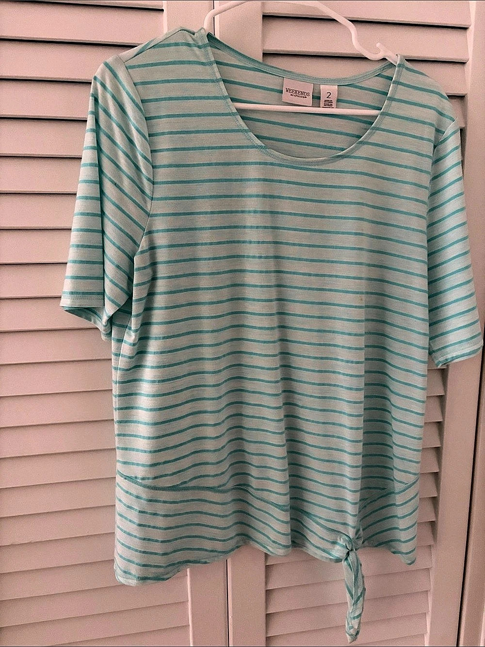 Weekends by Chico's Striped Short Sleeve Top in Green & White Size 2